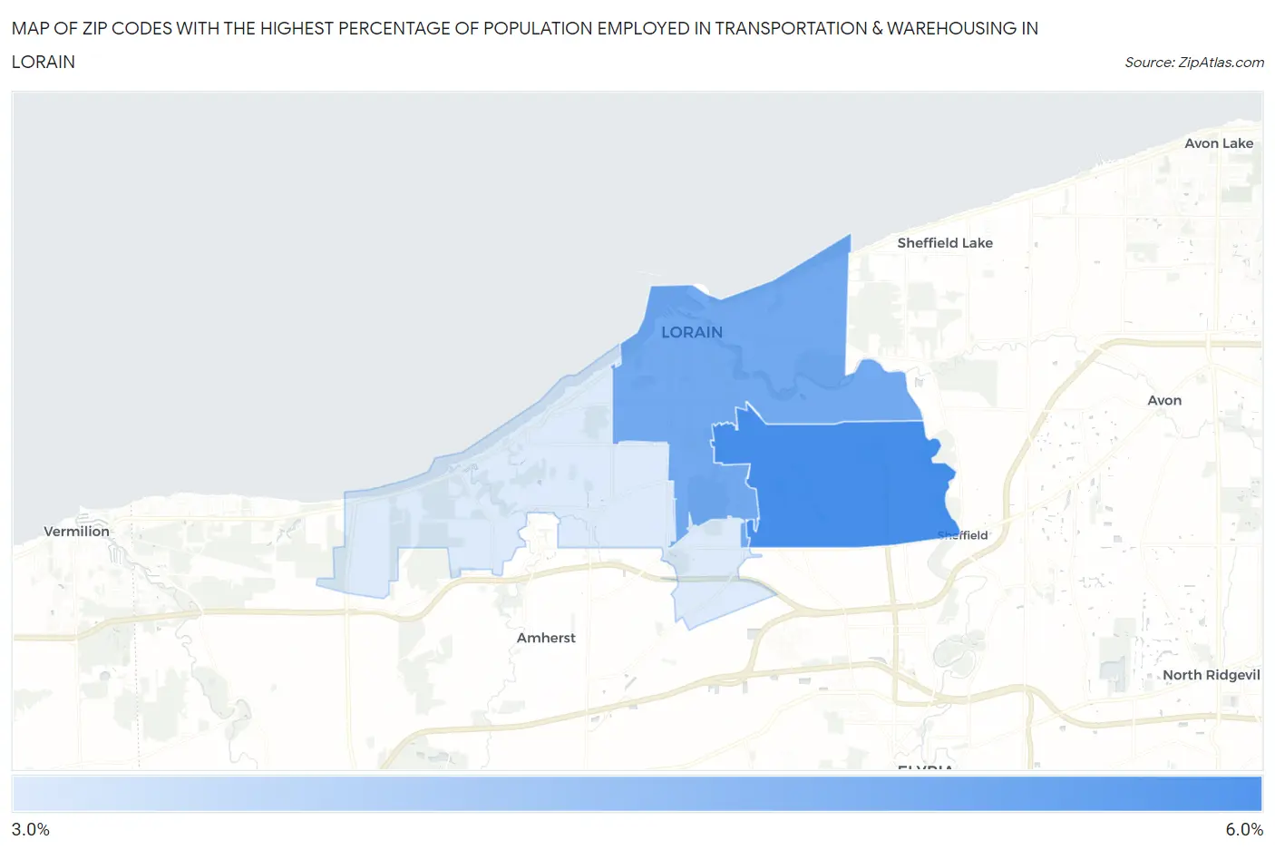 Zip Codes with the Highest Percentage of Population Employed in Transportation & Warehousing in Lorain Map