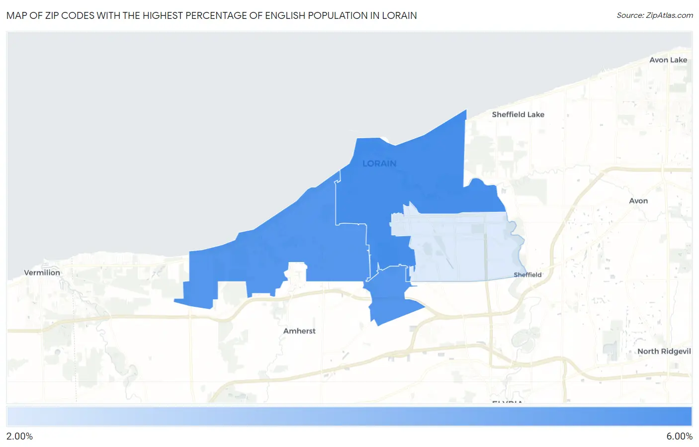 Zip Codes with the Highest Percentage of English Population in Lorain Map