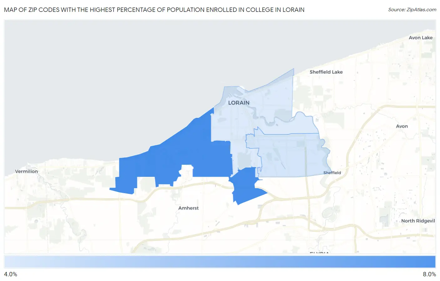 Zip Codes with the Highest Percentage of Population Enrolled in College in Lorain Map