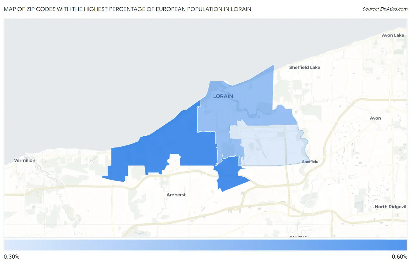 Zip Codes with the Highest Percentage of European Population in Lorain Map