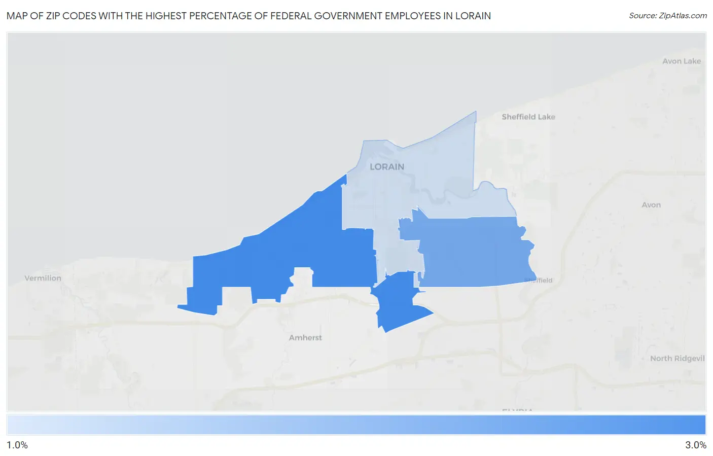 Zip Codes with the Highest Percentage of Federal Government Employees in Lorain Map