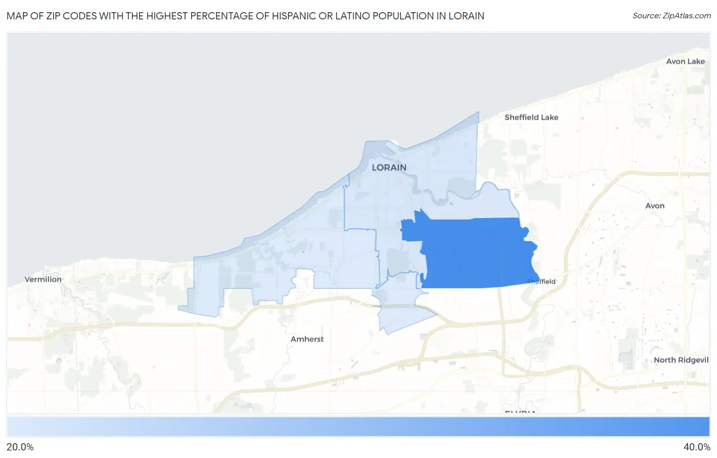 Zip Codes with the Highest Percentage of Hispanic or Latino Population in Lorain Map