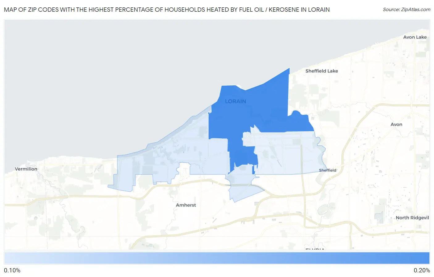 Zip Codes with the Highest Percentage of Households Heated by Fuel Oil / Kerosene in Lorain Map