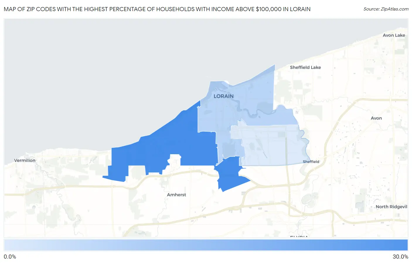 Zip Codes with the Highest Percentage of Households with Income Above $100,000 in Lorain Map
