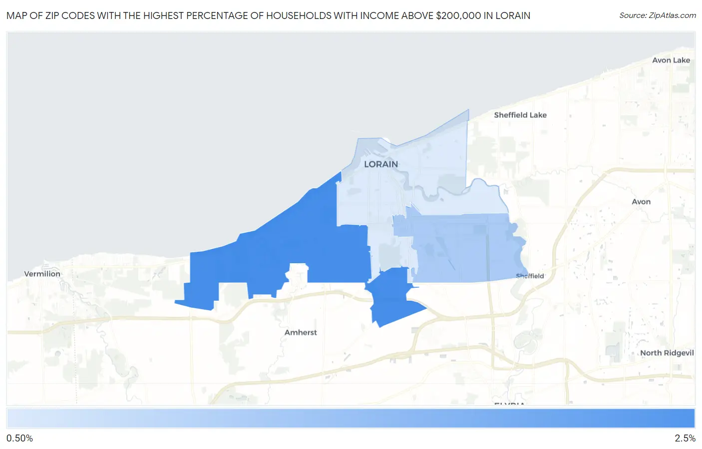 Zip Codes with the Highest Percentage of Households with Income Above $200,000 in Lorain Map