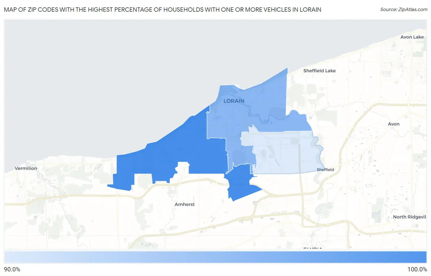Zip Codes with the Highest Percentage of Households With One or more Vehicles in Lorain Map