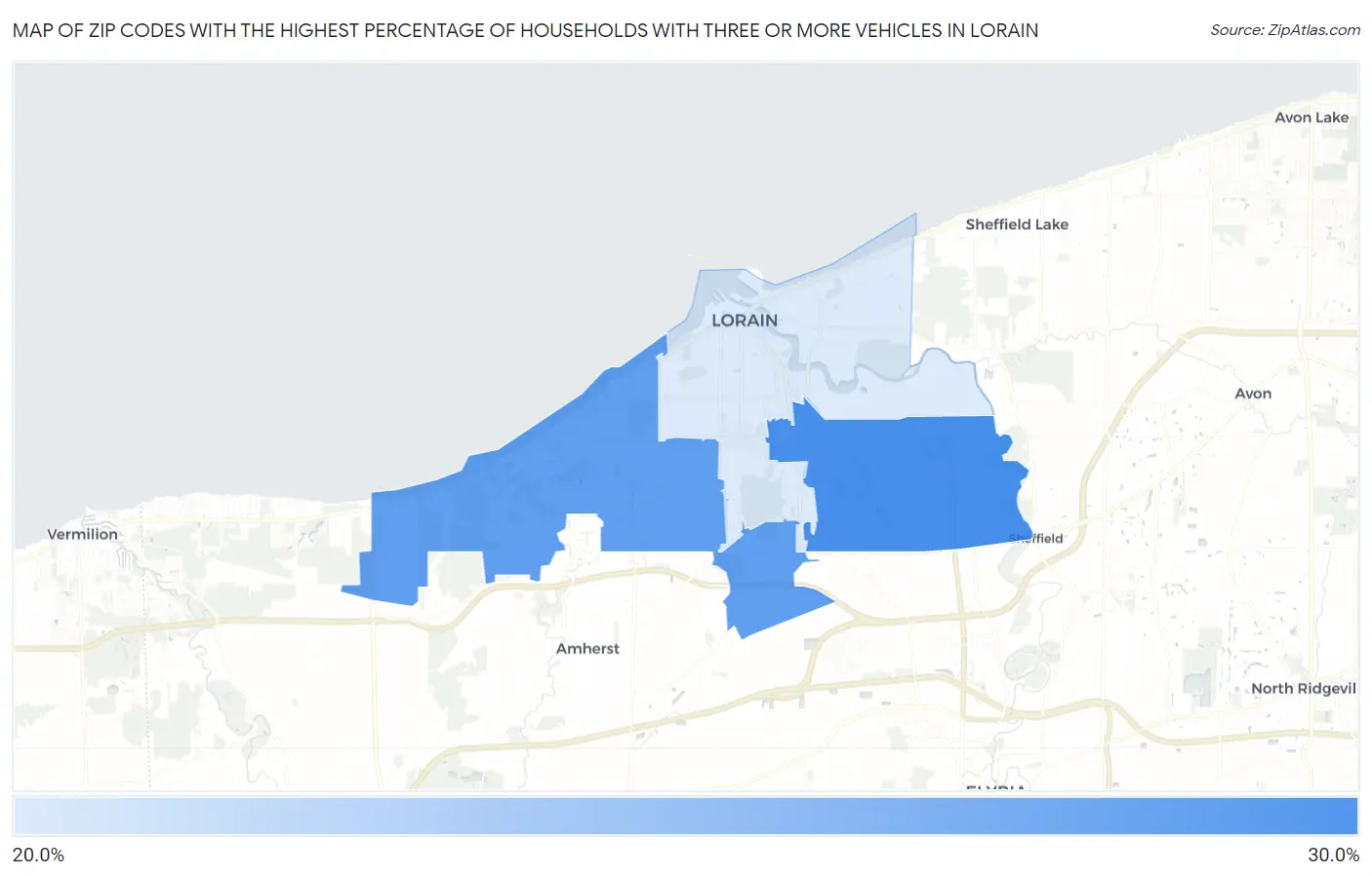 Zip Codes with the Highest Percentage of Households With Three or more Vehicles in Lorain Map