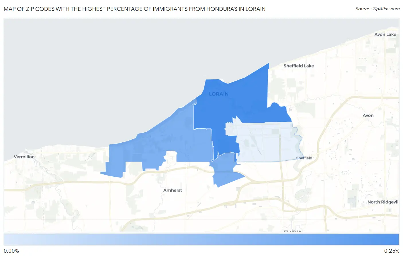 Zip Codes with the Highest Percentage of Immigrants from Honduras in Lorain Map