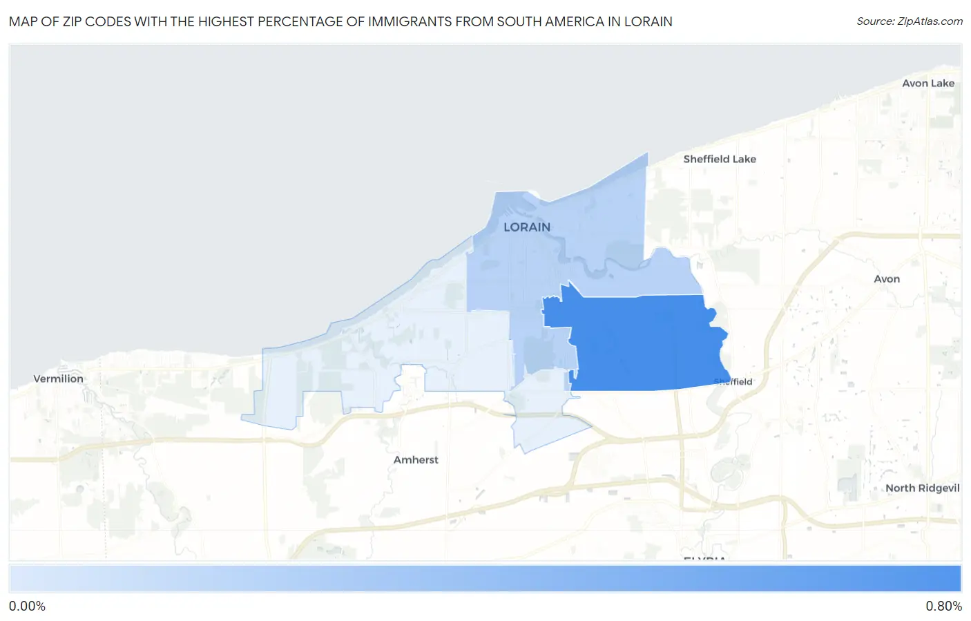 Zip Codes with the Highest Percentage of Immigrants from South America in Lorain Map