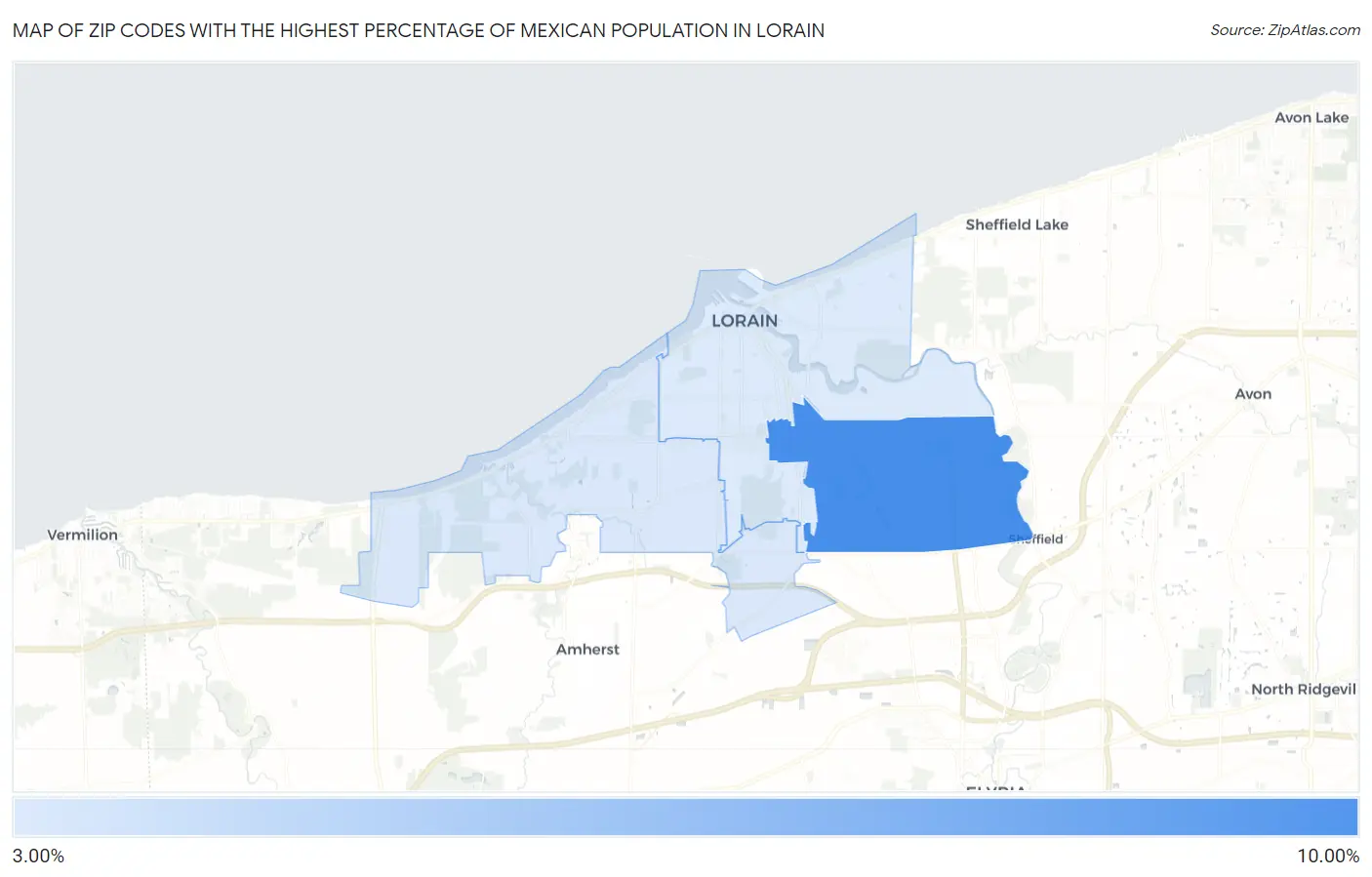 Zip Codes with the Highest Percentage of Mexican Population in Lorain Map