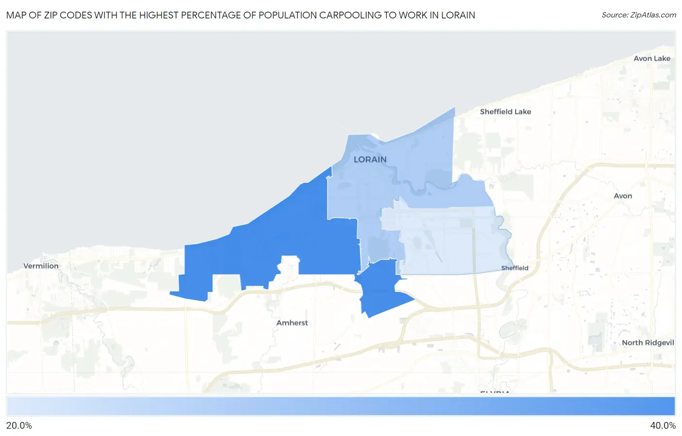 Zip Codes with the Highest Percentage of Population Carpooling to Work in Lorain Map