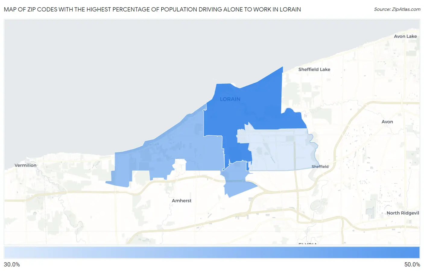 Zip Codes with the Highest Percentage of Population Driving Alone to Work in Lorain Map