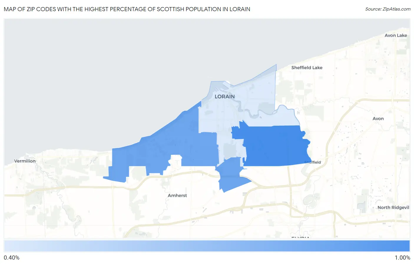 Zip Codes with the Highest Percentage of Scottish Population in Lorain Map