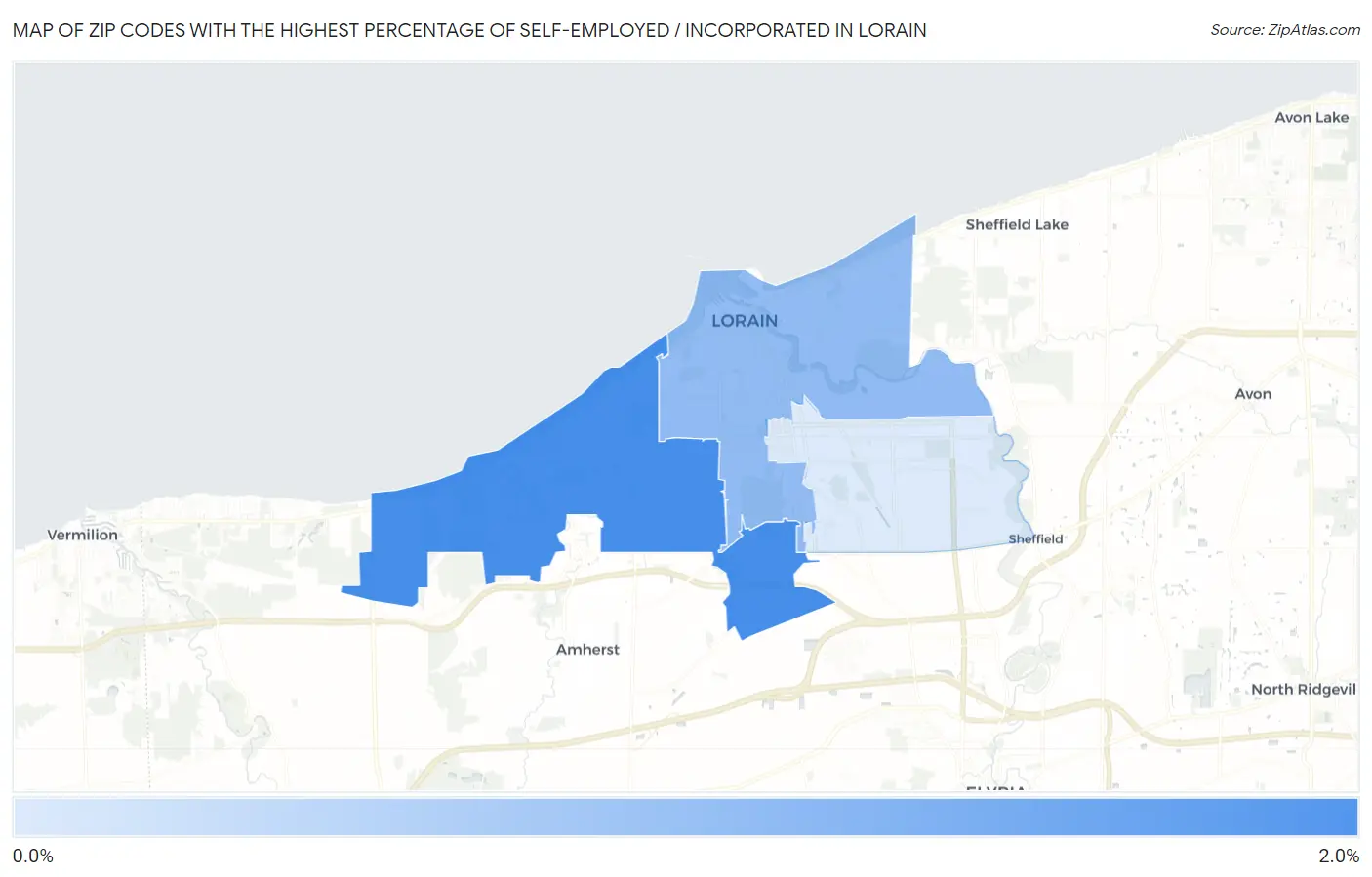 Zip Codes with the Highest Percentage of Self-Employed / Incorporated in Lorain Map