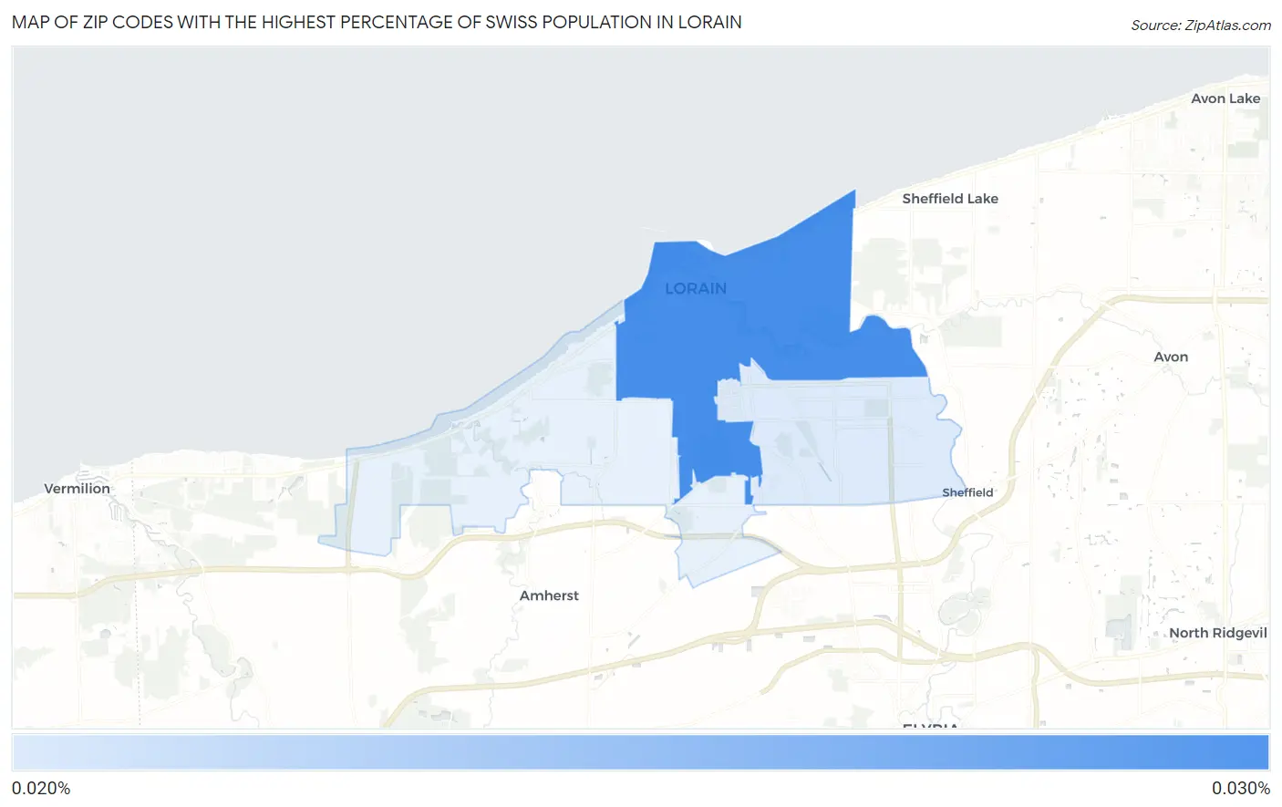 Zip Codes with the Highest Percentage of Swiss Population in Lorain Map