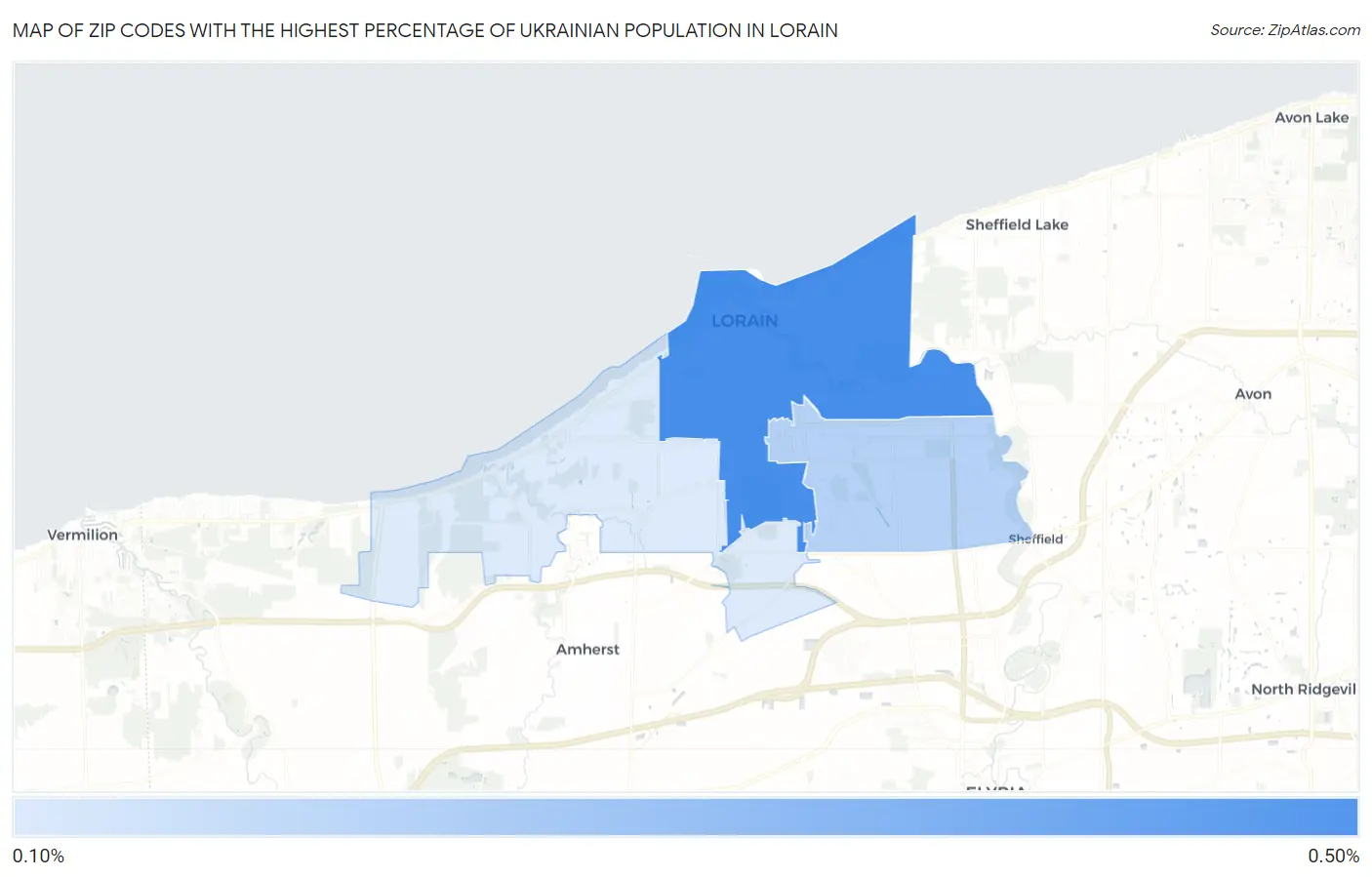 Zip Codes with the Highest Percentage of Ukrainian Population in Lorain Map