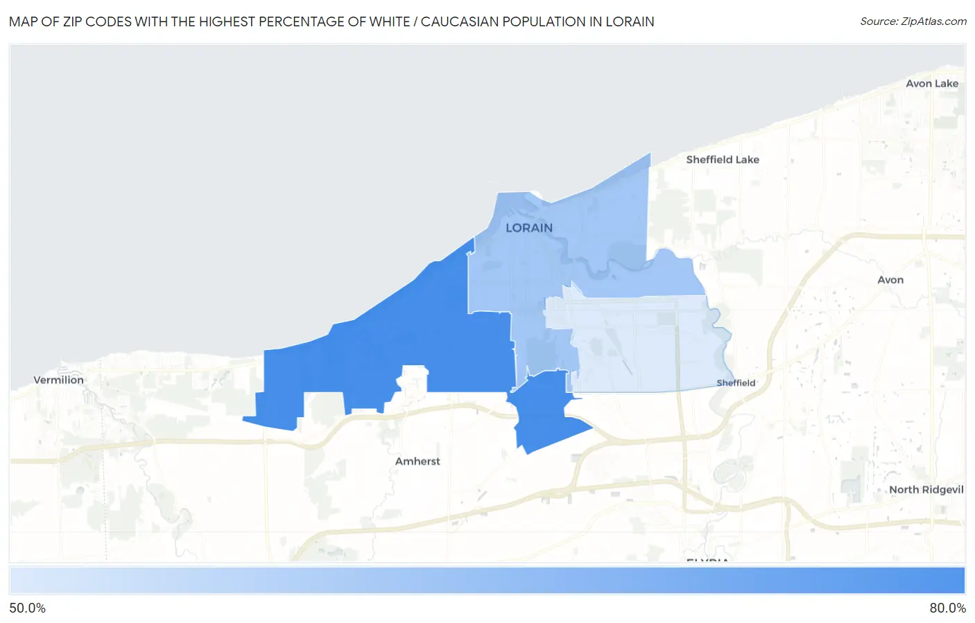 Zip Codes with the Highest Percentage of White / Caucasian Population in Lorain Map