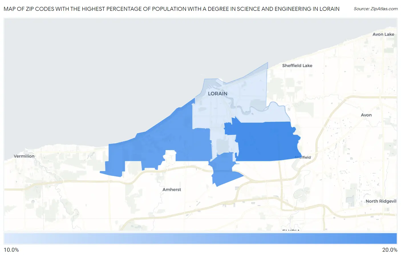 Zip Codes with the Highest Percentage of Population with a Degree in Science and Engineering in Lorain Map