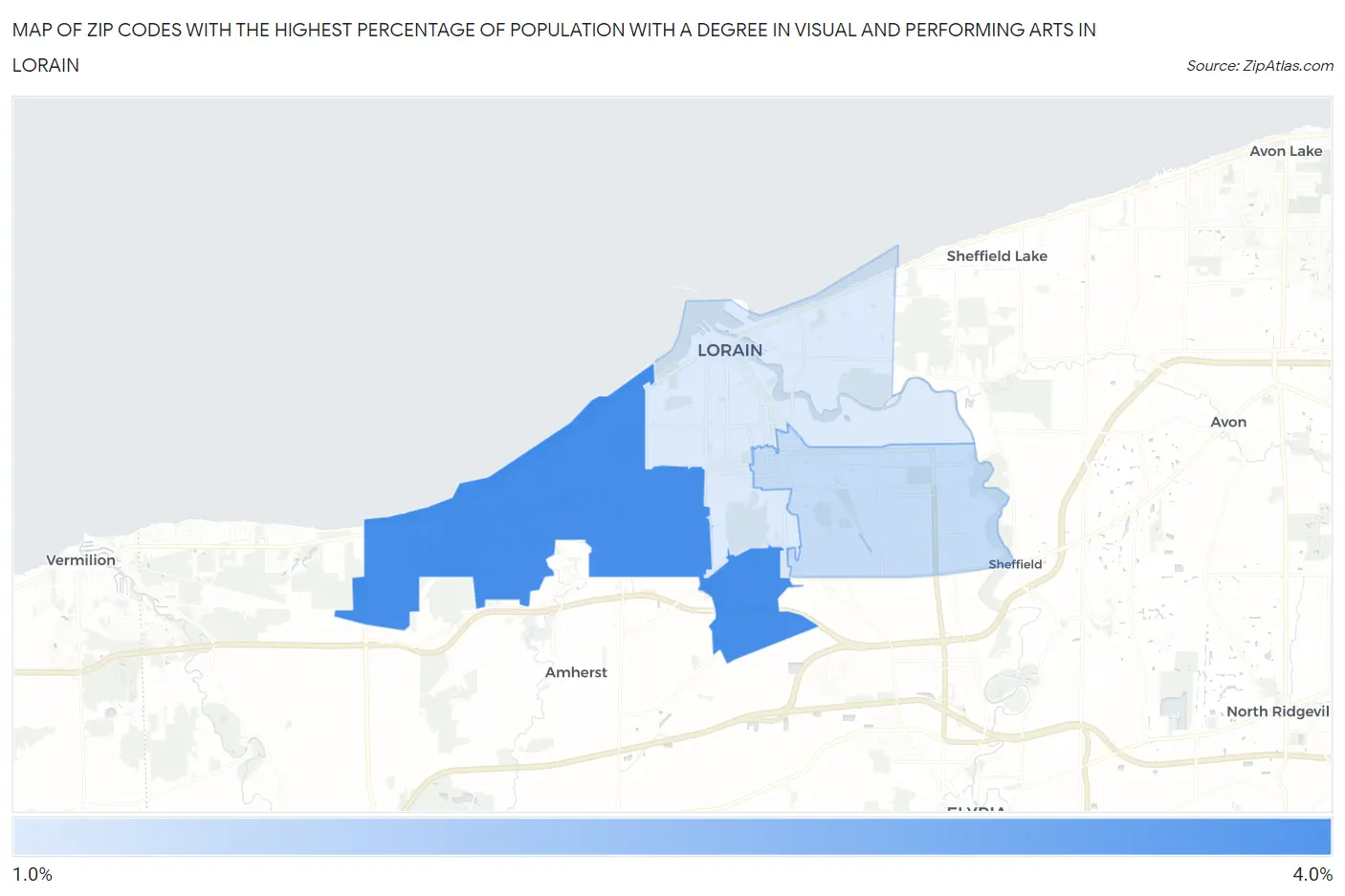 Zip Codes with the Highest Percentage of Population with a Degree in Visual and Performing Arts in Lorain Map