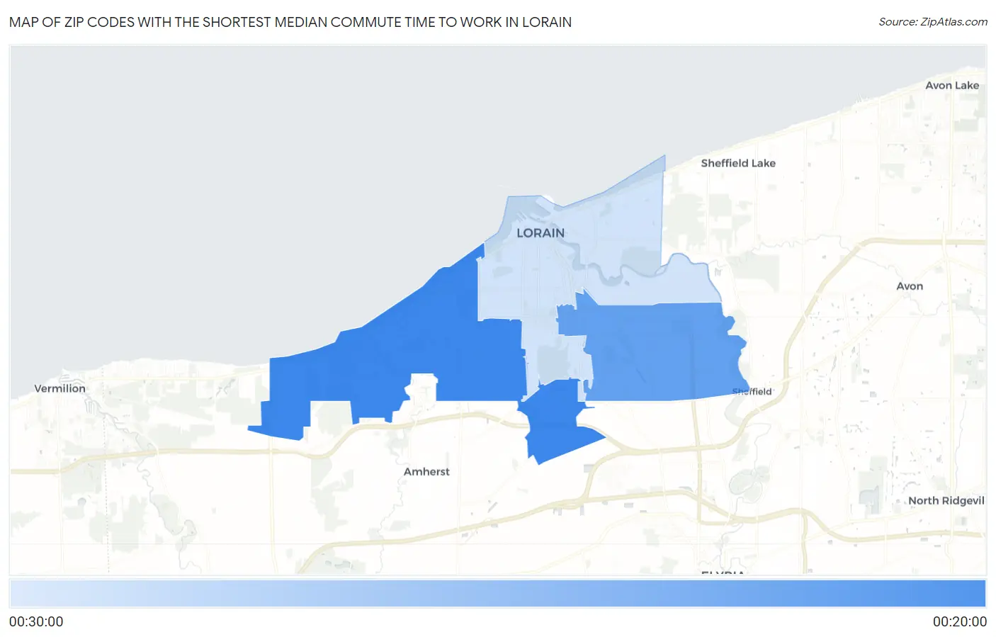 Zip Codes with the Shortest Median Commute Time to Work in Lorain Map