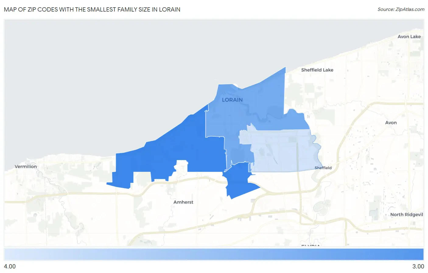 Zip Codes with the Smallest Family Size in Lorain Map