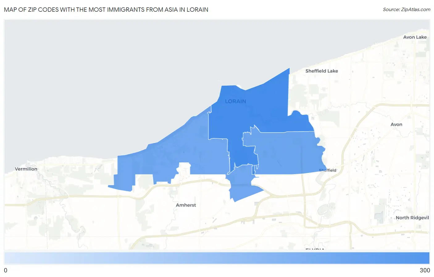 Zip Codes with the Most Immigrants from Asia in Lorain Map