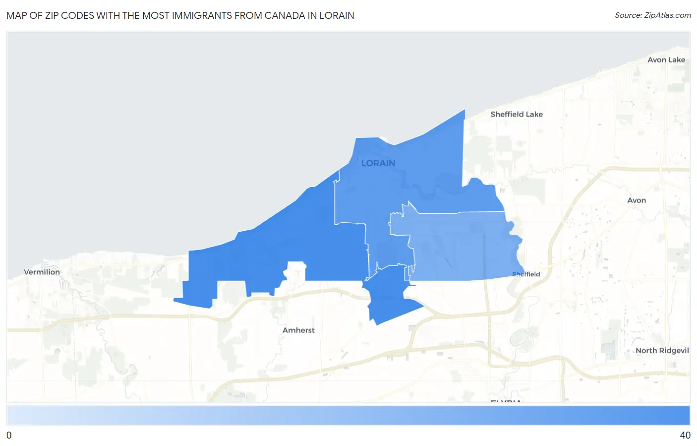 Zip Codes with the Most Immigrants from Canada in Lorain Map