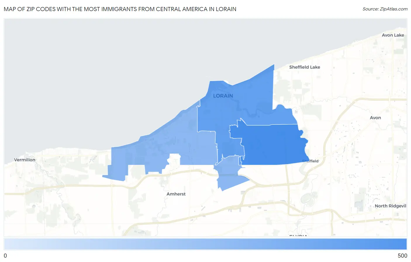 Zip Codes with the Most Immigrants from Central America in Lorain Map