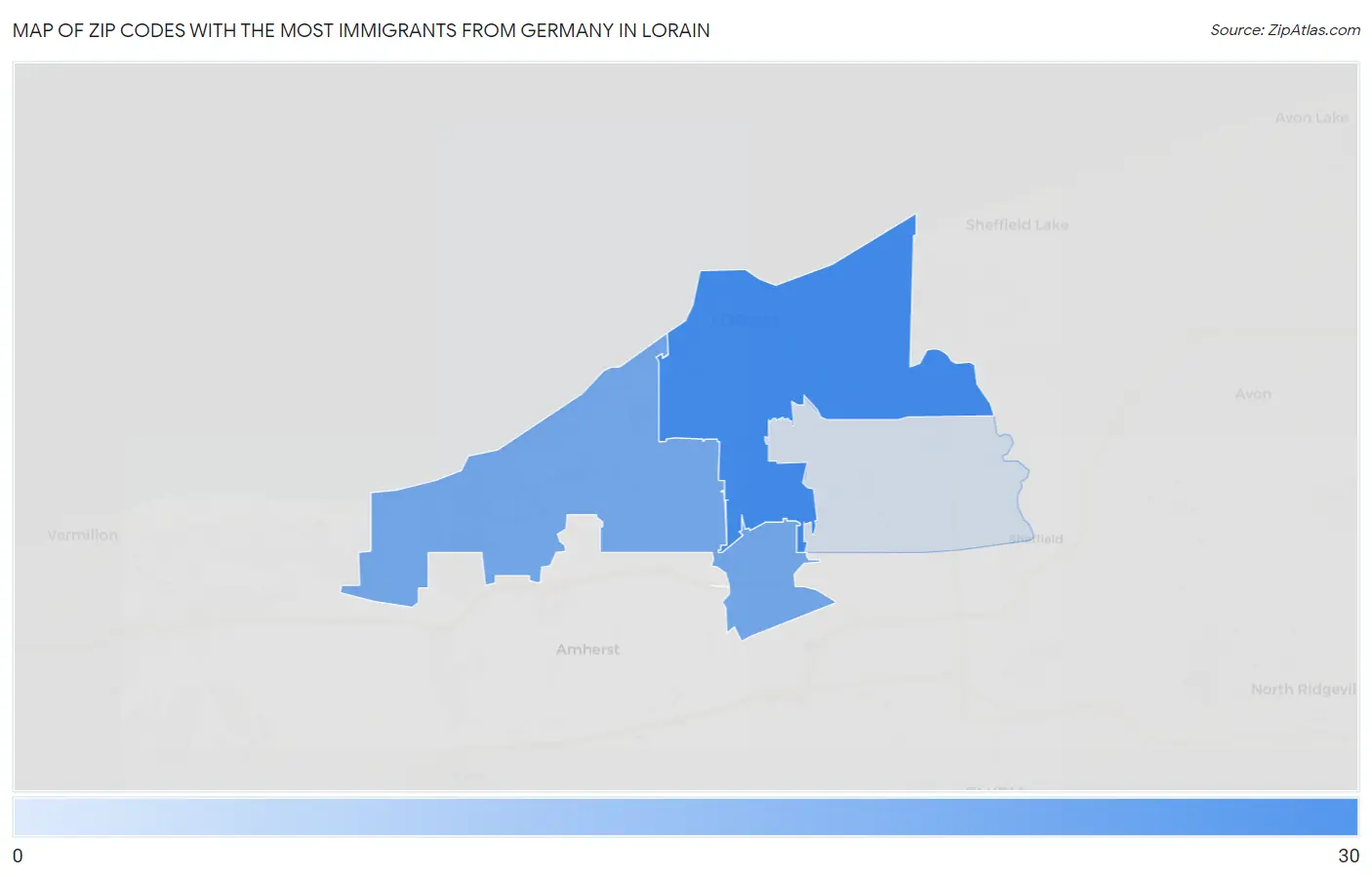 Zip Codes with the Most Immigrants from Germany in Lorain Map