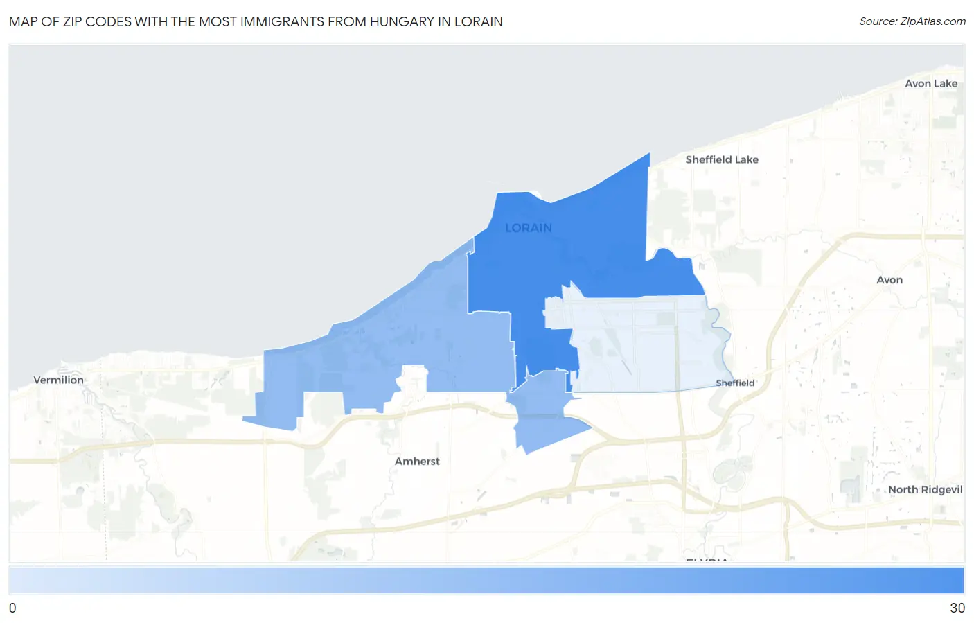 Zip Codes with the Most Immigrants from Hungary in Lorain Map