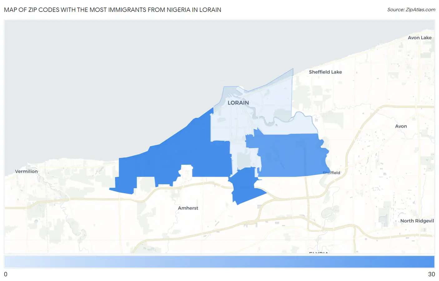 Zip Codes with the Most Immigrants from Nigeria in Lorain Map