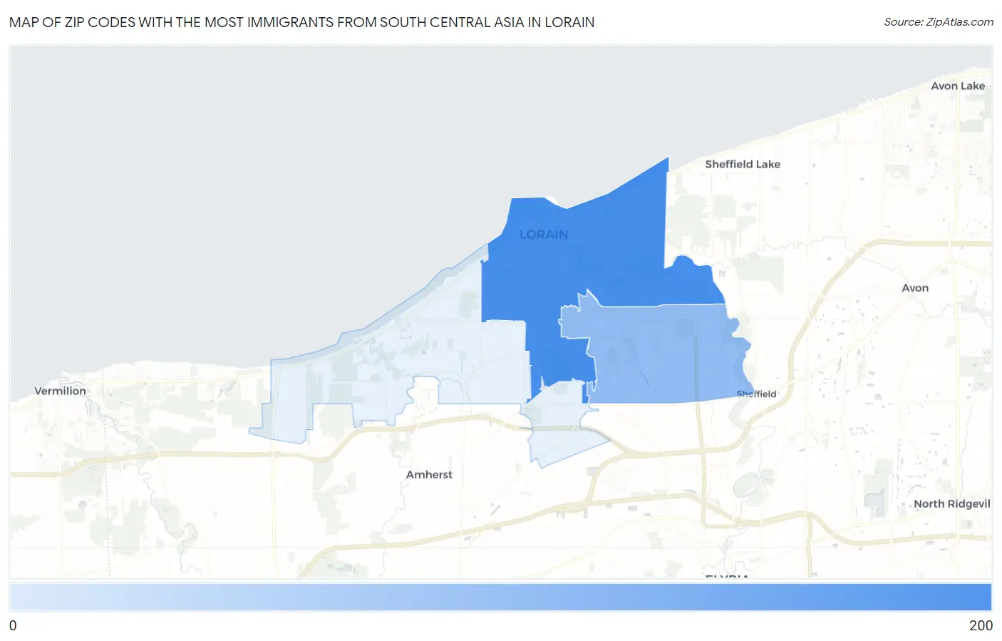 Zip Codes with the Most Immigrants from South Central Asia in Lorain Map