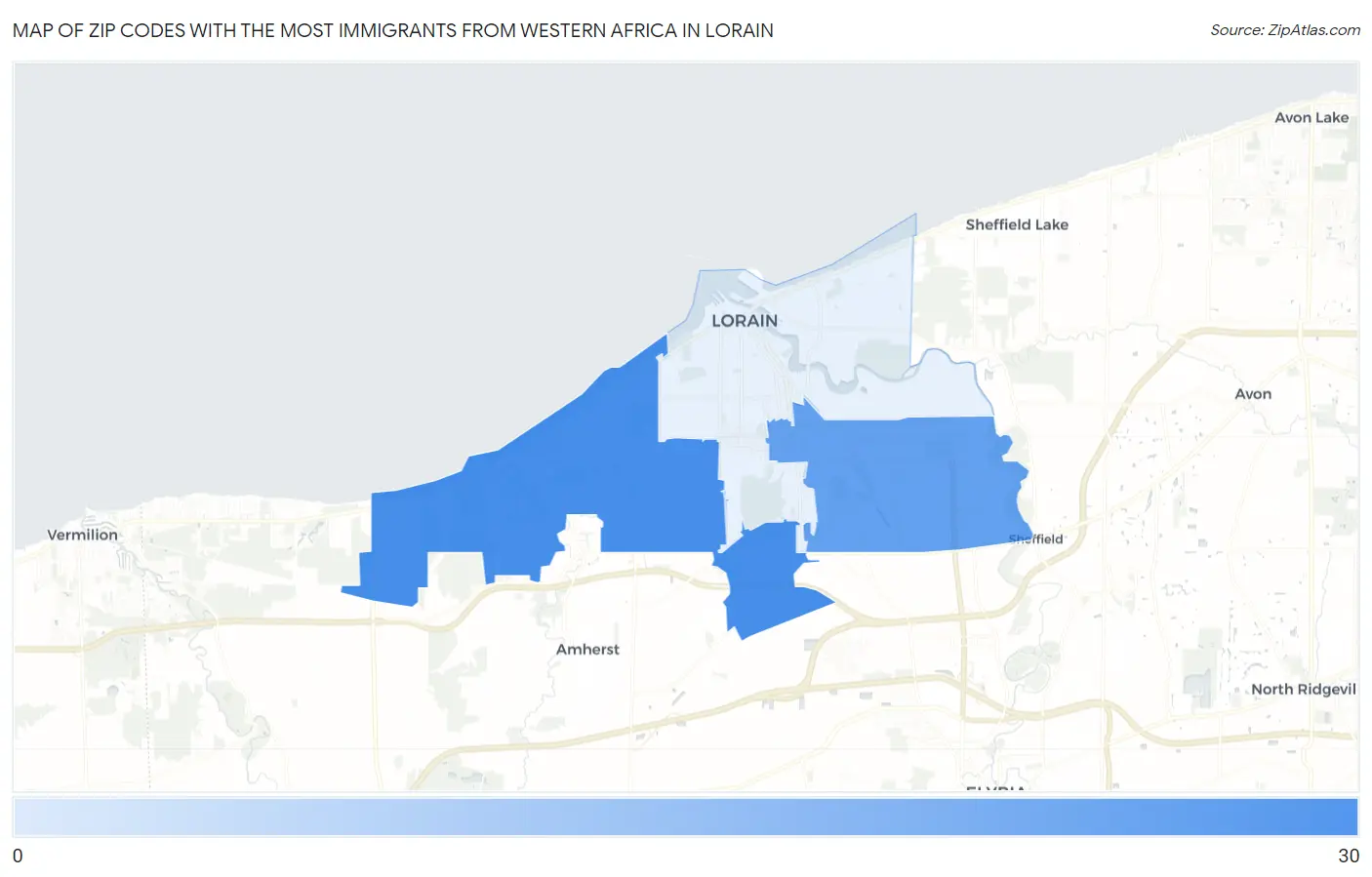 Zip Codes with the Most Immigrants from Western Africa in Lorain Map