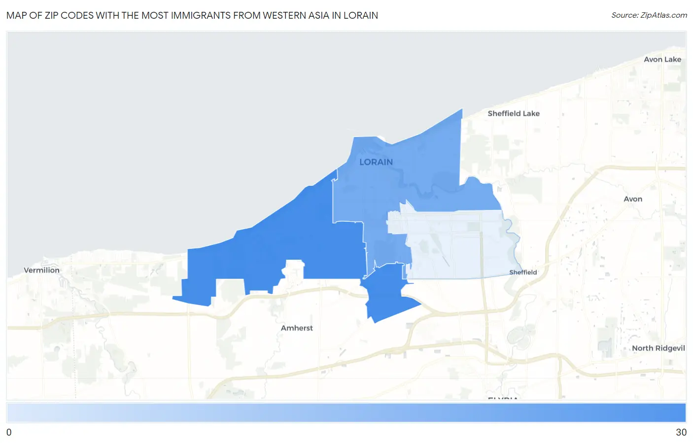 Zip Codes with the Most Immigrants from Western Asia in Lorain Map