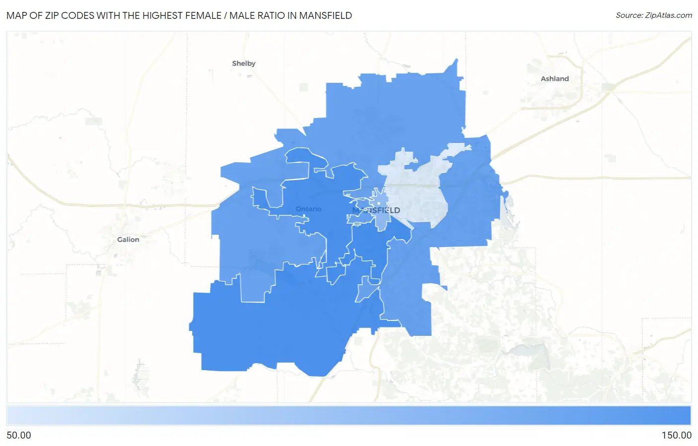 Zip Codes with the Highest Female / Male Ratio in Mansfield Map