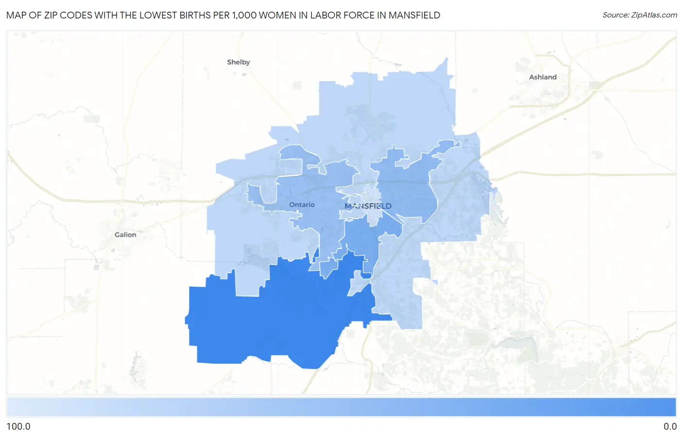 Zip Codes with the Lowest Births per 1,000 Women in Labor Force in Mansfield Map