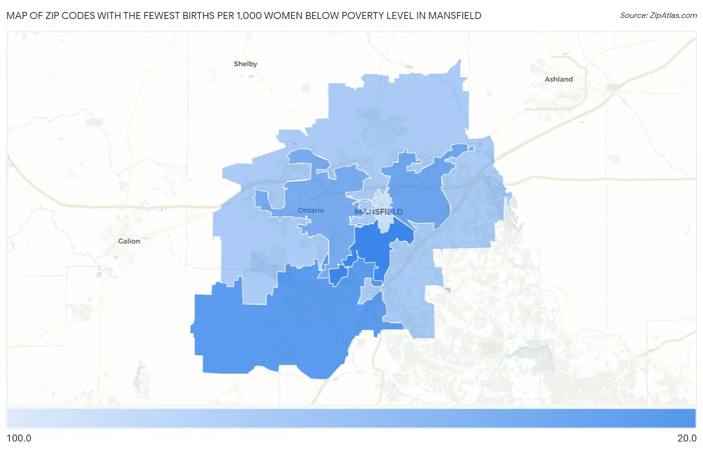Zip Codes with the Fewest Births per 1,000 Women Below Poverty Level in Mansfield Map
