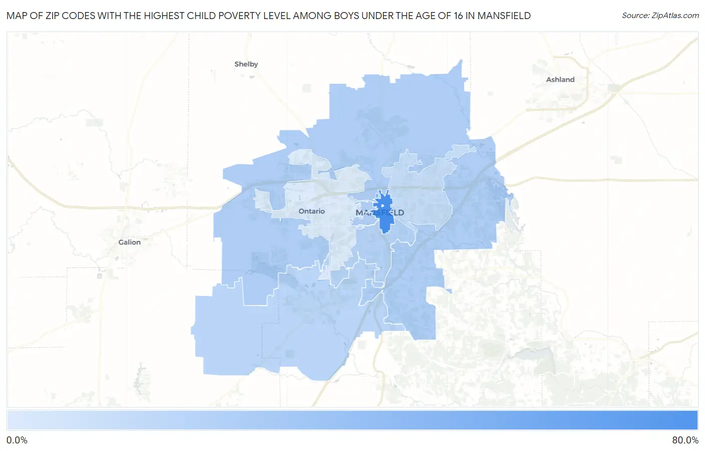 Zip Codes with the Highest Child Poverty Level Among Boys Under the Age of 16 in Mansfield Map