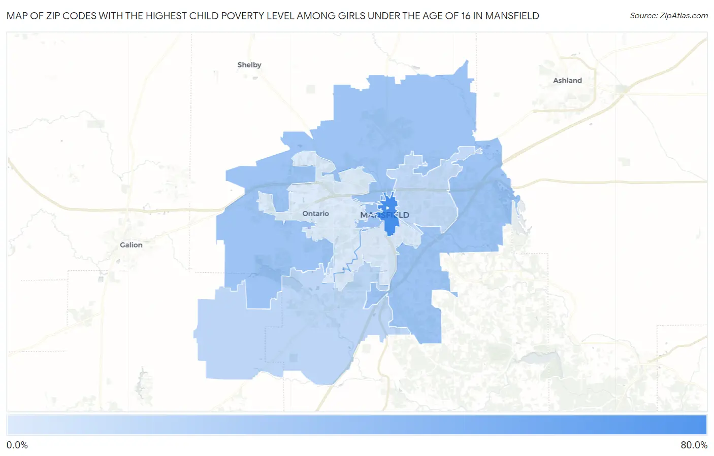 Zip Codes with the Highest Child Poverty Level Among Girls Under the Age of 16 in Mansfield Map
