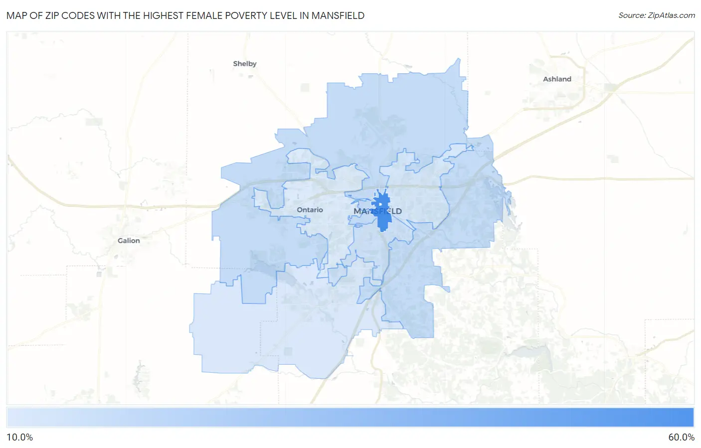 Zip Codes with the Highest Female Poverty Level in Mansfield Map