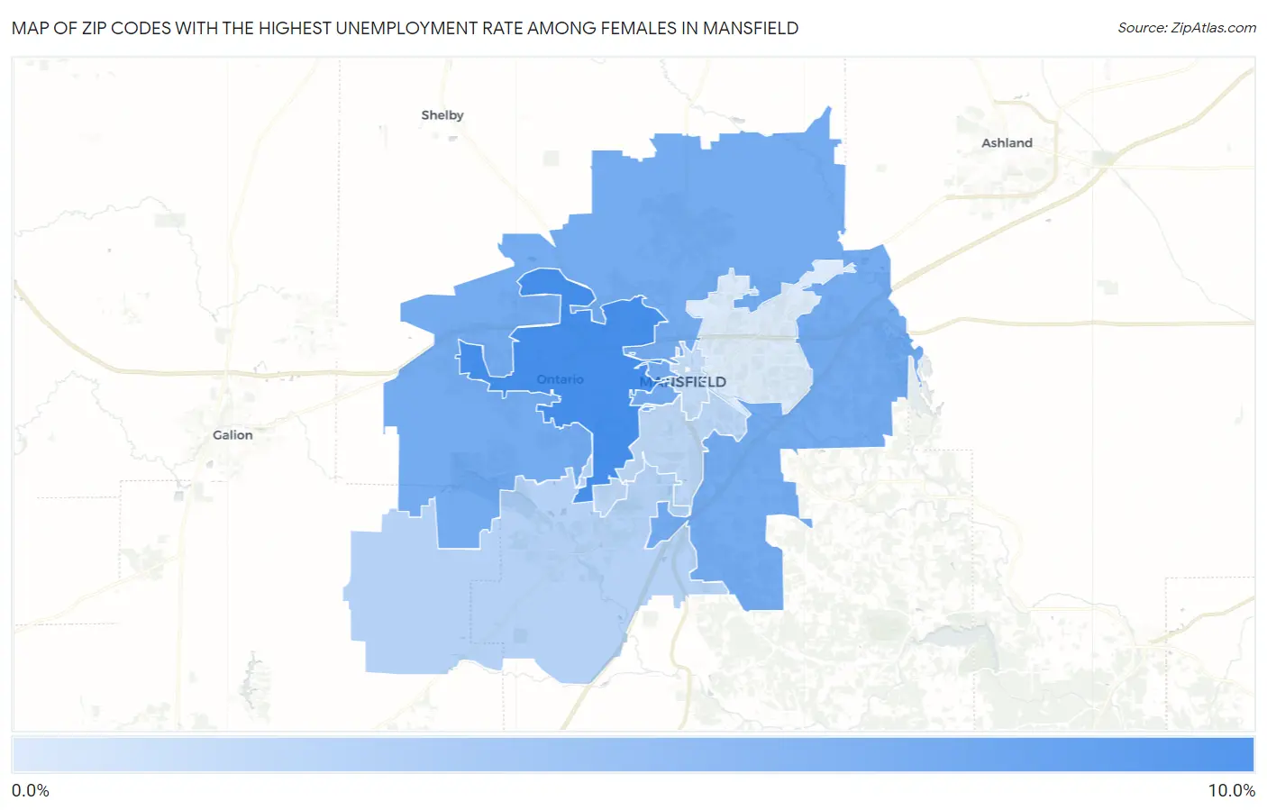 Zip Codes with the Highest Unemployment Rate Among Females in Mansfield Map