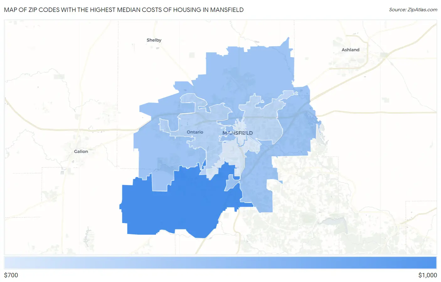 Zip Codes with the Highest Median Costs of Housing in Mansfield Map
