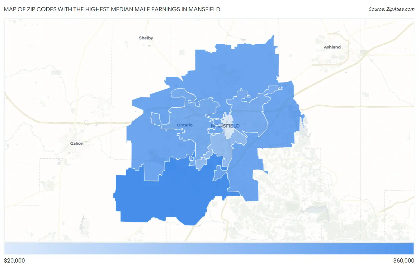Zip Codes with the Highest Median Male Earnings in Mansfield Map
