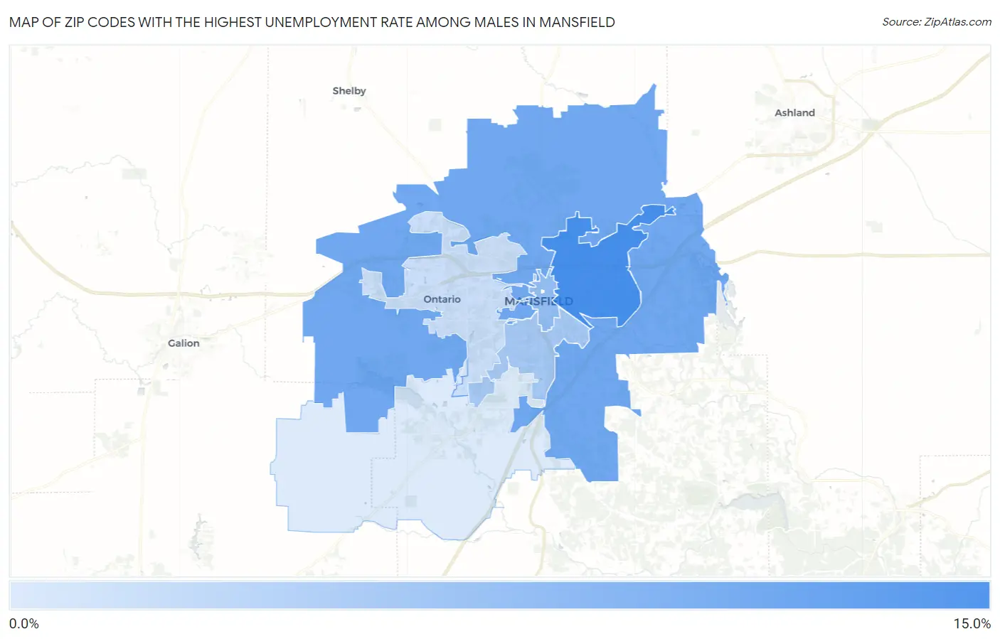 Zip Codes with the Highest Unemployment Rate Among Males in Mansfield Map