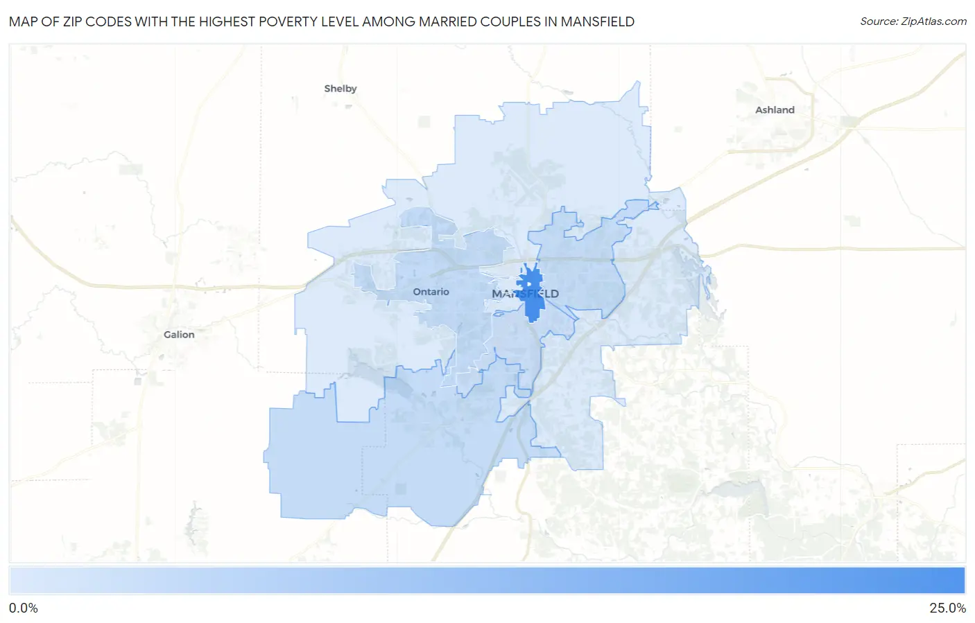 Zip Codes with the Highest Poverty Level Among Married Couples in Mansfield Map
