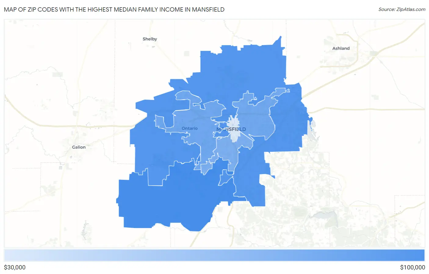 Zip Codes with the Highest Median Family Income in Mansfield Map