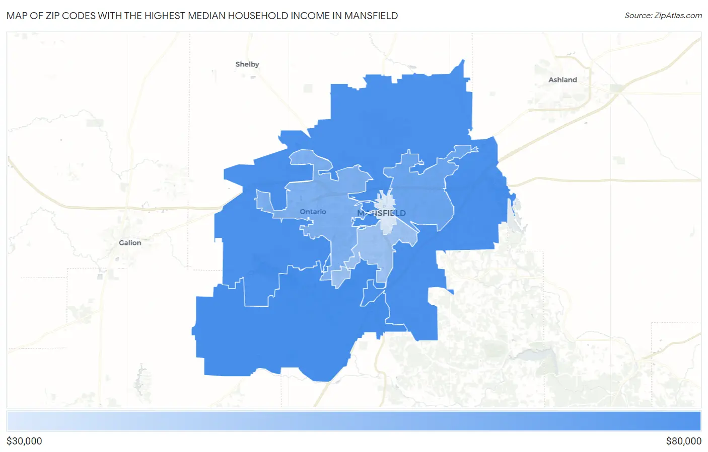 Zip Codes with the Highest Median Household Income in Mansfield Map