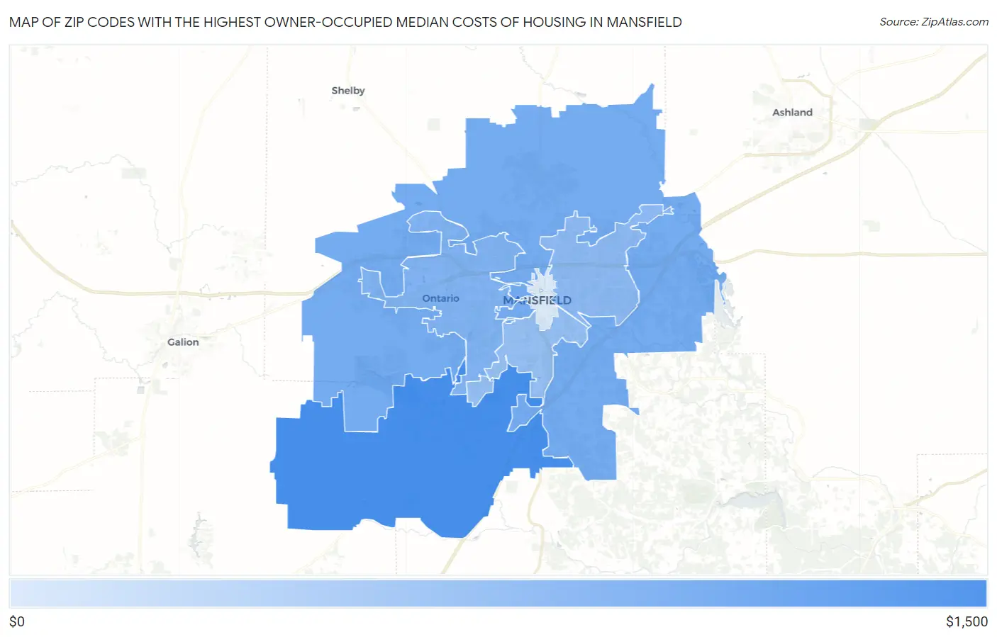 Zip Codes with the Highest Owner-Occupied Median Costs of Housing in Mansfield Map