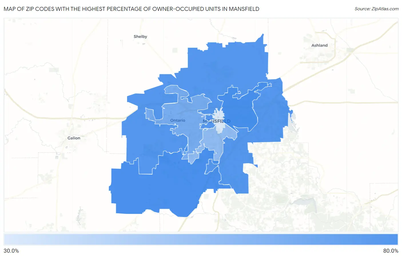 Zip Codes with the Highest Percentage of Owner-Occupied Units in Mansfield Map