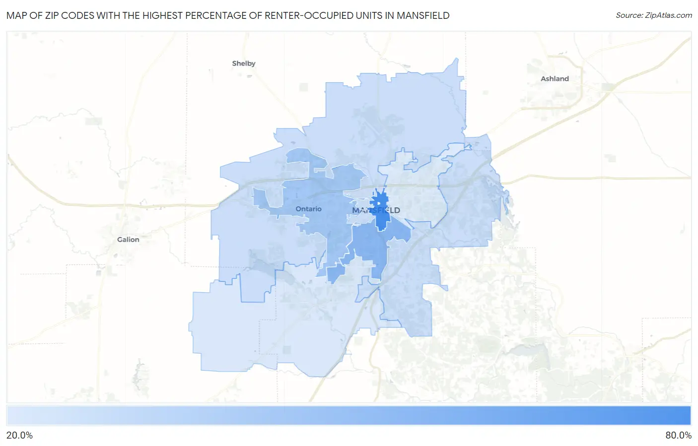 Zip Codes with the Highest Percentage of Renter-Occupied Units in Mansfield Map